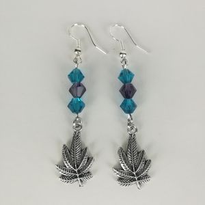 Simple cannabis leaf earrings blue-green & purple faceted glass beads